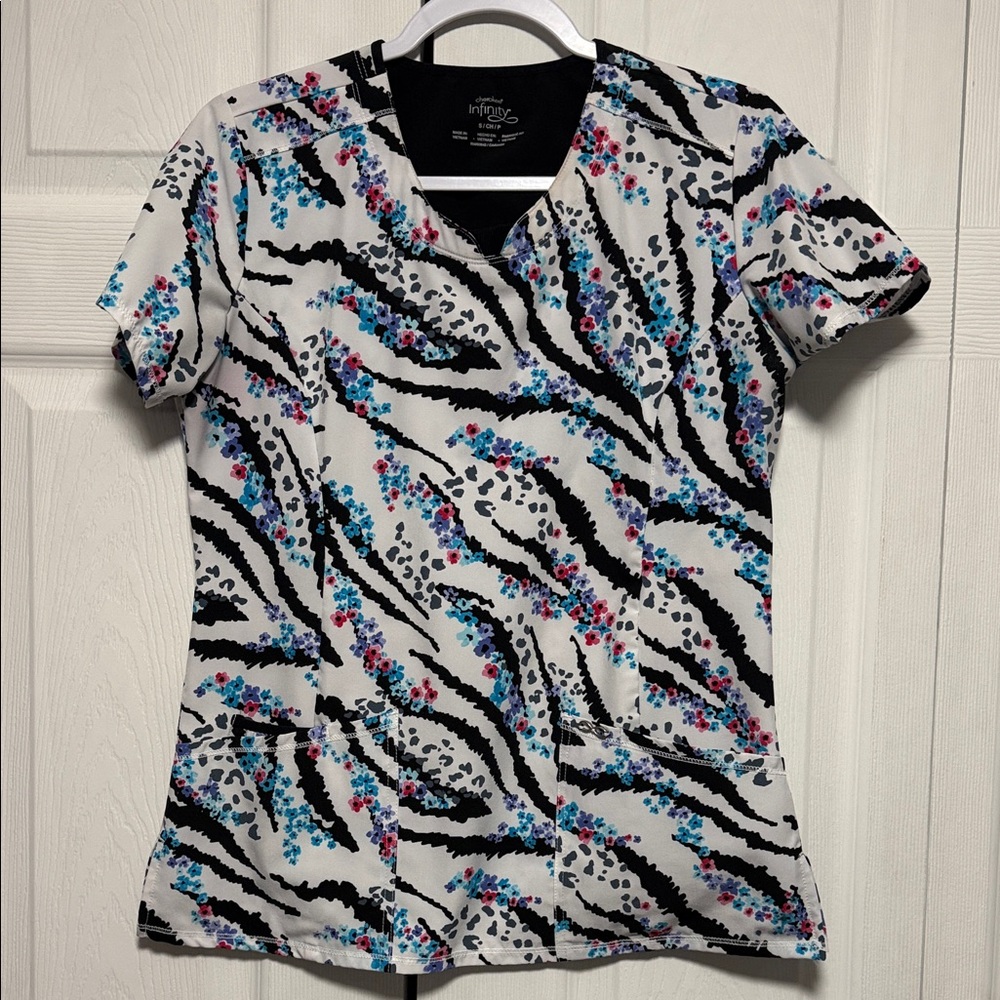 Cherokee Women's Scrub Top - Black, Blue, Pink, and White - zebra print